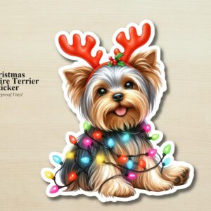 Yorkshire Terrier Holiday Puppy Sticker | Waterproof Yorkie Vinyl Christmas Lights Dog Decal