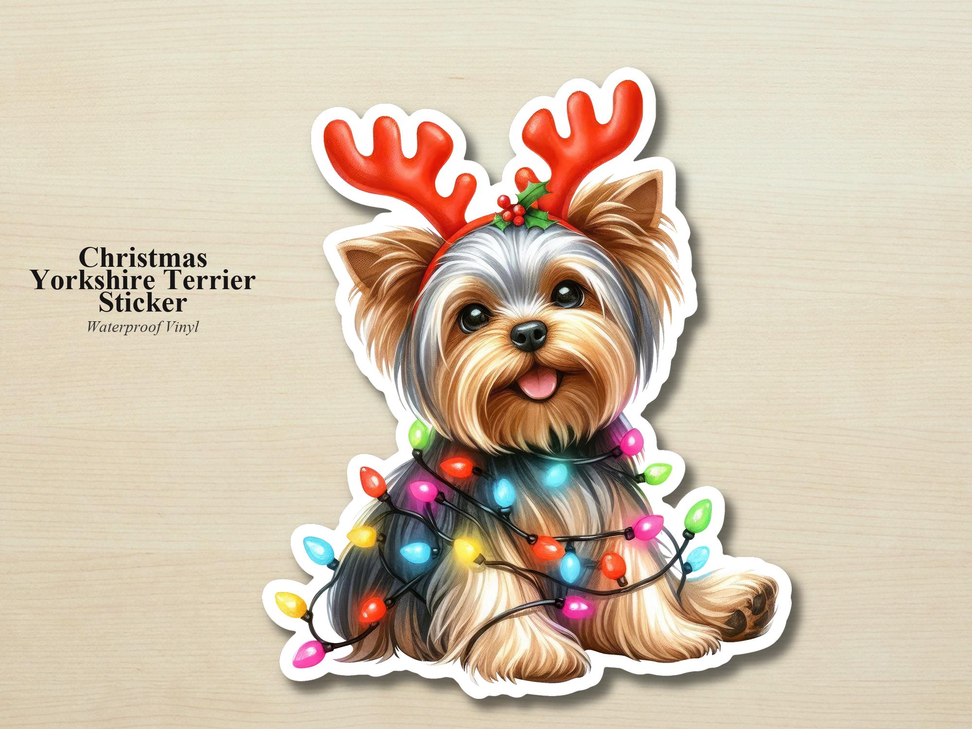 Yorkshire Terrier Holiday Puppy Sticker | Waterproof Yorkie Vinyl Christmas Lights Dog Decal