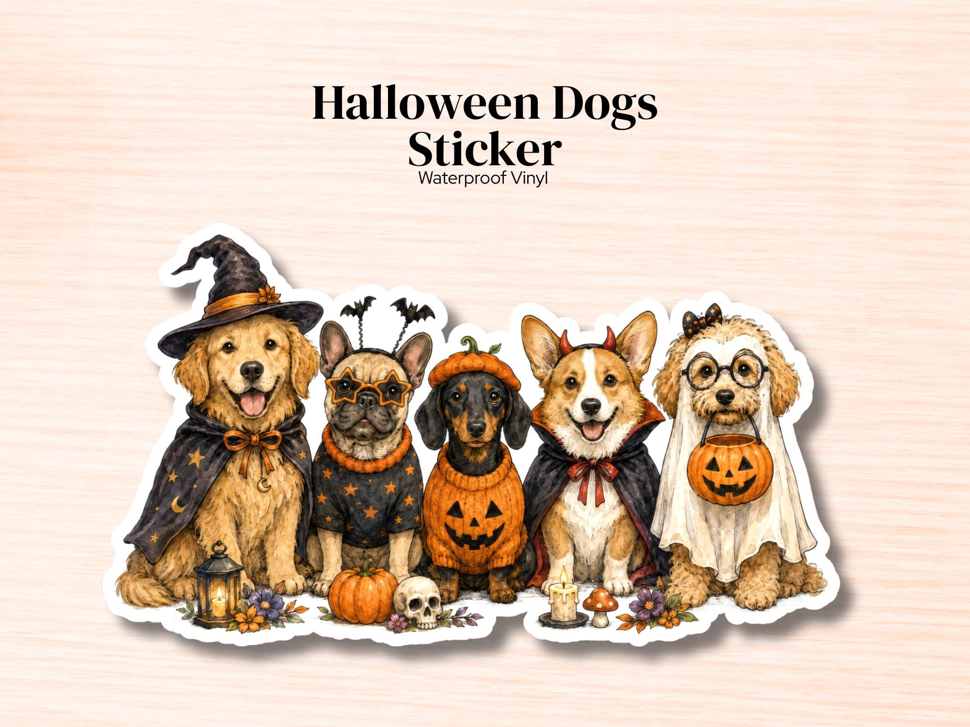 Dog Halloween Sticker | Waterproof Vinyl | Autumn Seasonal Pumpkin Spooky Puppy Costume