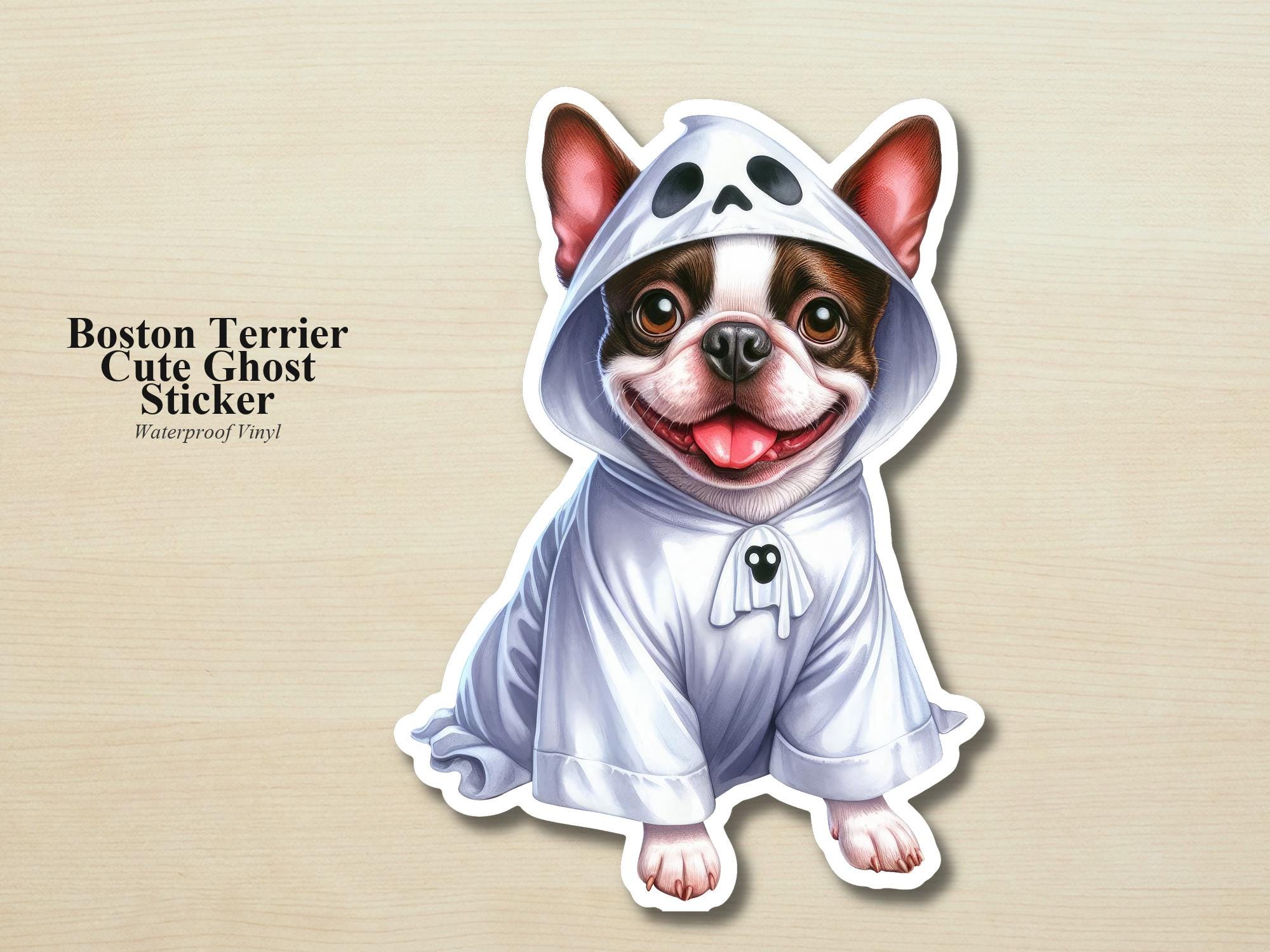 Boston Terrier Ghost Puppy Sticker | Waterproof Vinyl Halloween Costume Dog