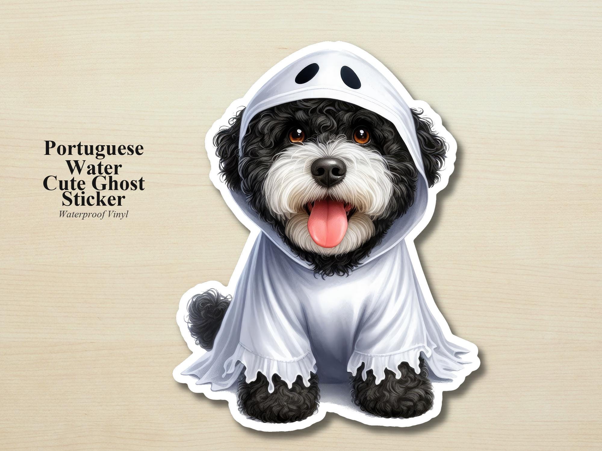 Portuguese Water Dog Ghost Puppy Sticker | Waterproof Vinyl Halloween Costume Dog Decal