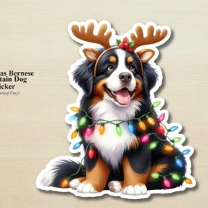 Bernese Mountain Dog Holiday Puppy Sticker | Waterproof Vinyl Christmas Lights Dog Decal