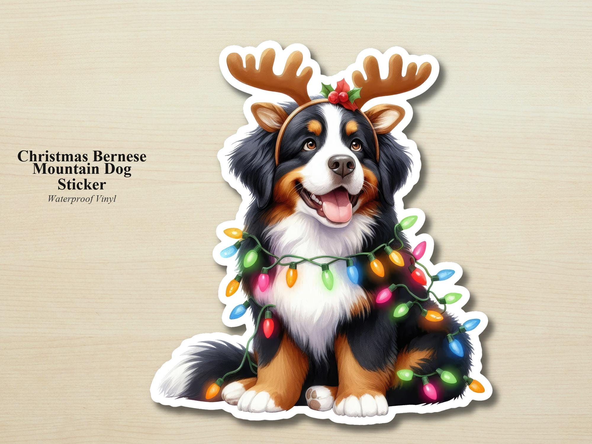 Bernese Mountain Dog Holiday Puppy Sticker | Waterproof Vinyl Christmas Lights Dog Decal