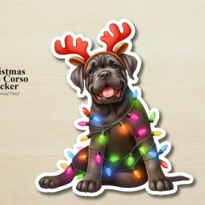 Cane Corso Holiday Puppy Sticker | Waterproof Vinyl Christmas Lights Dog Decal