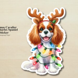 Cavalier King Charles Spaniel Holiday Puppy Sticker | Waterproof Vinyl Christmas Lights Dog Decal
