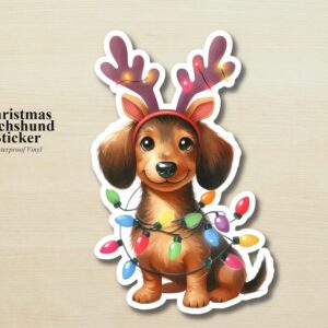 Dachshund Holiday Puppy Sticker | Waterproof Vinyl Christmas Lights Dog Decal