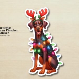 Doberman Holiday Puppy Sticker | Waterproof Vinyl Christmas Lights Dog Decal