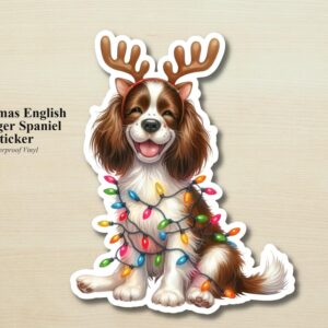 English Springer Spaniel Holiday Puppy Sticker | Waterproof Vinyl Christmas Lights Dog Decal