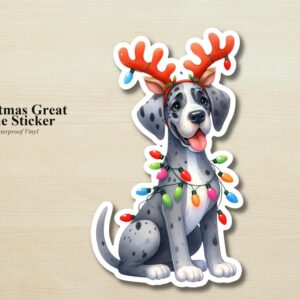 Great Dane Holiday Puppy Sticker | Waterproof Vinyl Christmas Lights Dog Decal