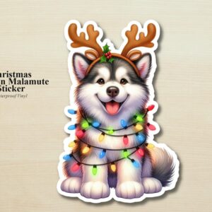 Alaskan Malamute Holiday Puppy Sticker | Waterproof Vinyl Christmas Lights Dog Decal