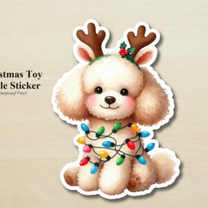 Toy Poodle Holiday Puppy Sticker | Waterproof Vinyl Christmas Lights Dog Decal