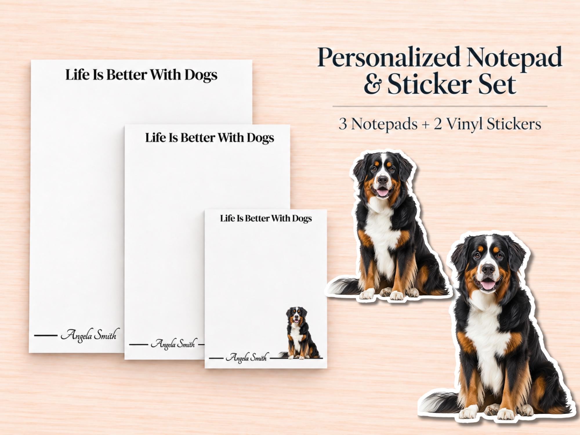 Bernese Mountain Dog Stationery Gift Box | Personalized Notepads and Vinyl Dog Stickers