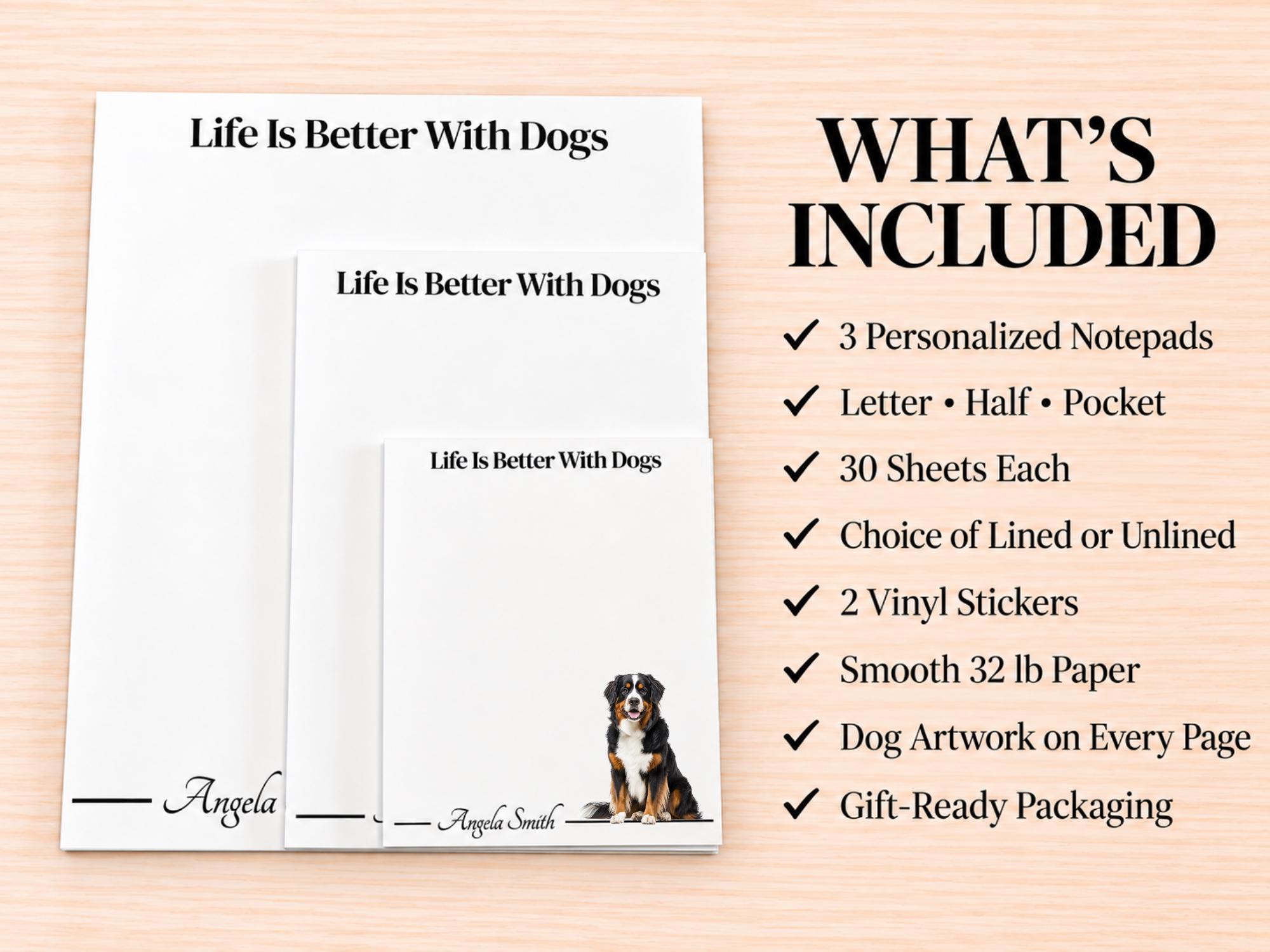 Bernese Mountain Dog Stationery Gift Box | Personalized Notepads and Vinyl Dog Stickers