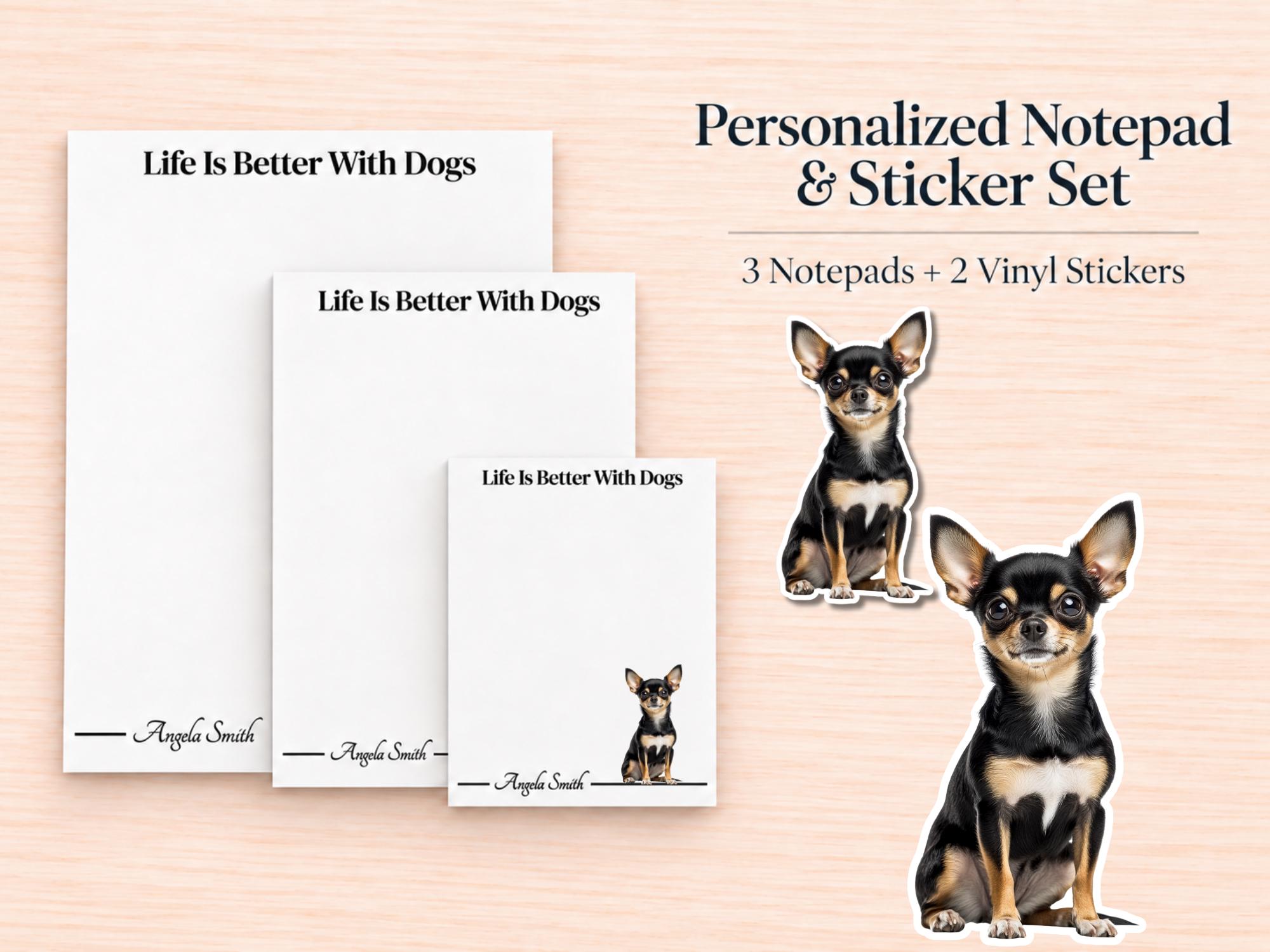 Chihuahua Stationery Gift Box - Black | Personalized Notepads and Vinyl Dog Stickers