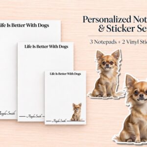 Long Haired Chihuahua Stationery Gift Box - Tan | Personalized Notepads and Vinyl Dog Stickers