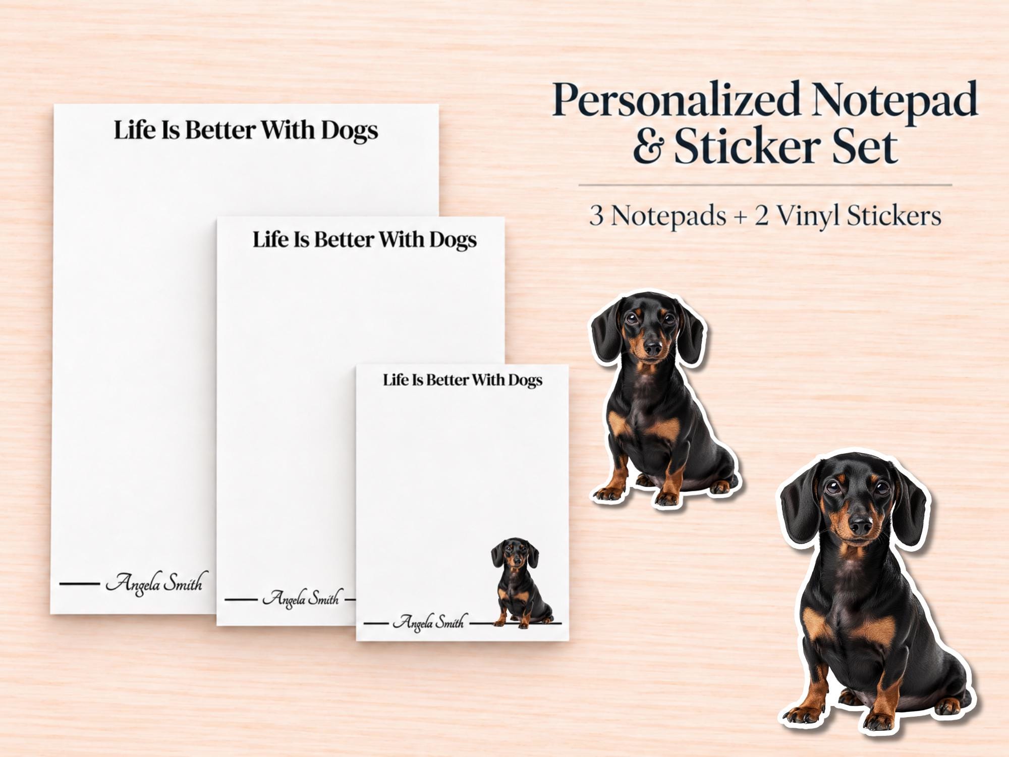 Dachshund Stationery Gift Box - Black | Personalized Notepads and Vinyl Dog Stickers
