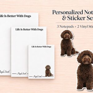 Brown Labradoodle / Goldendoodle Stationery Gift Box | Personalized Notepads and Vinyl Dog Stickers