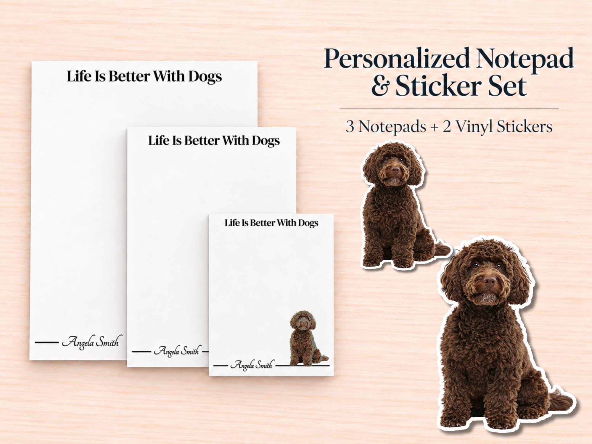 Brown Labradoodle / Goldendoodle Stationery Gift Box | Personalized Notepads and Vinyl Dog Stickers