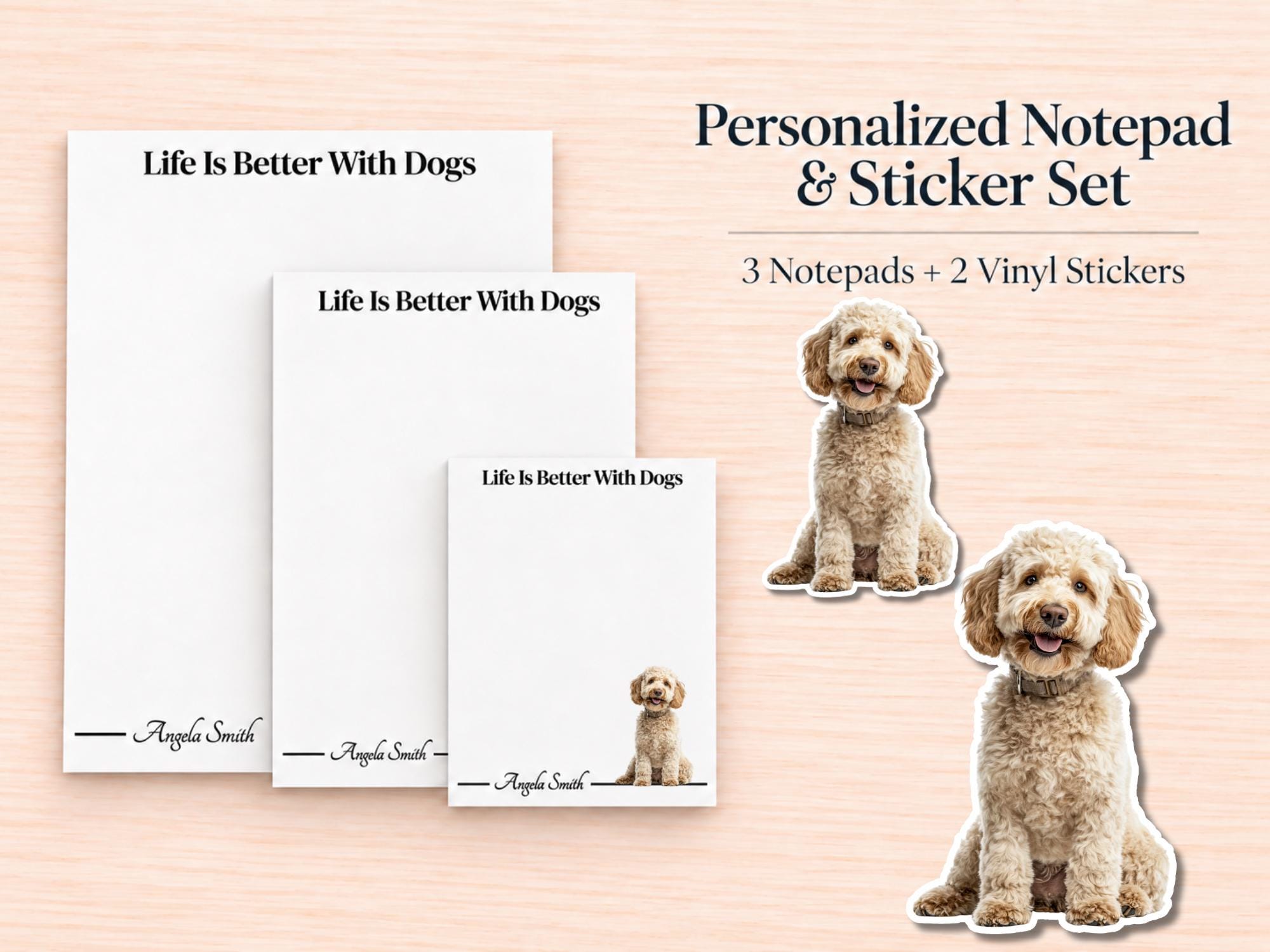 Yellow Labradoodle / Goldendoodle Stationery Gift Box | Personalized Notepads and Vinyl Dog Stickers