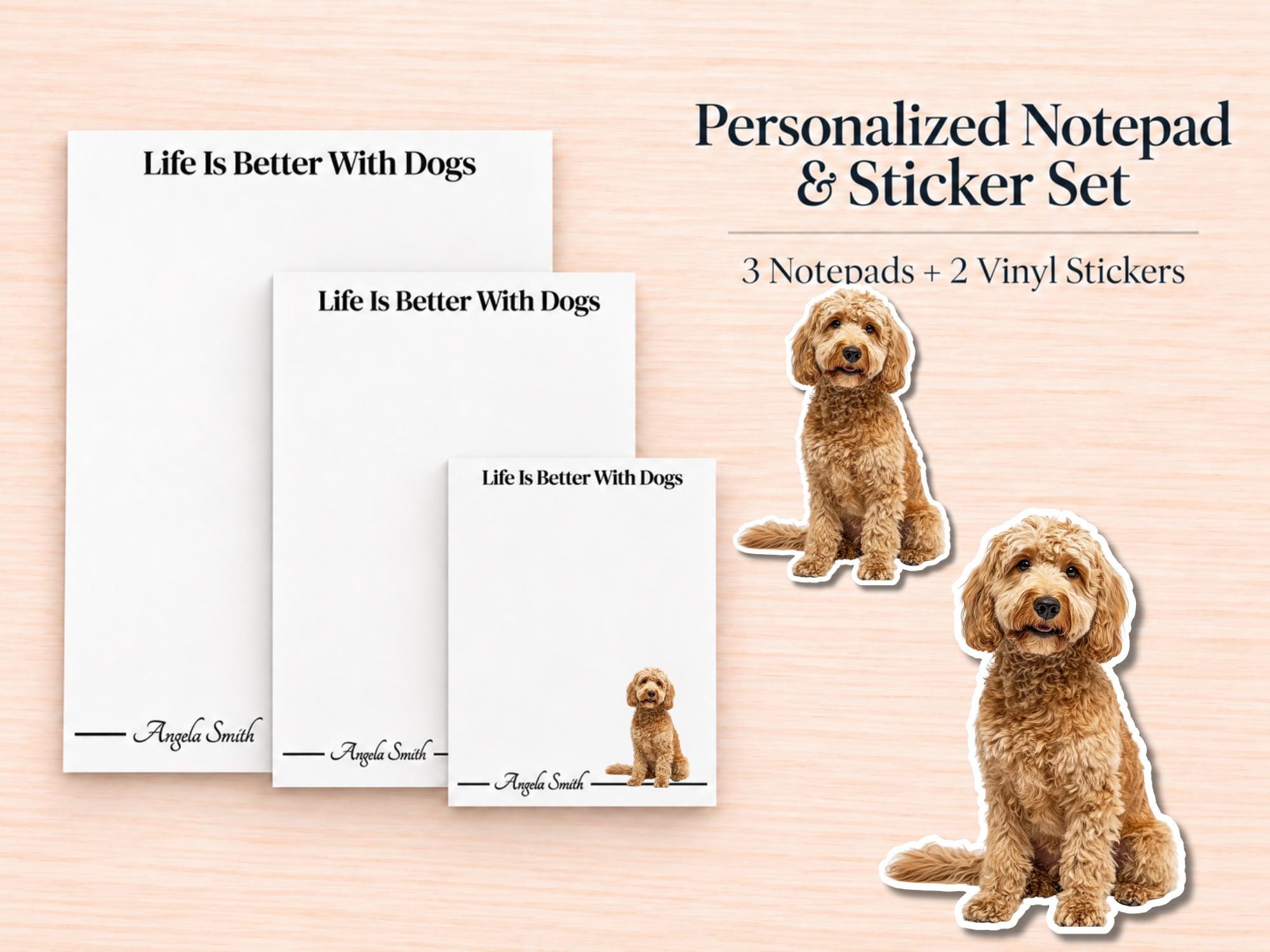 Tan Labradoodle / Goldendoodle Stationery Gift Box | Personalized Notepads and Vinyl Dog Stickers