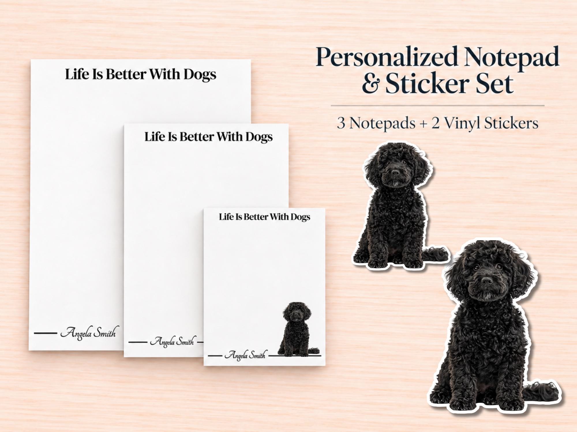 Black Labradoodle / Goldendoodle Stationery Gift Box | Personalized Notepads and Vinyl Dog Stickers