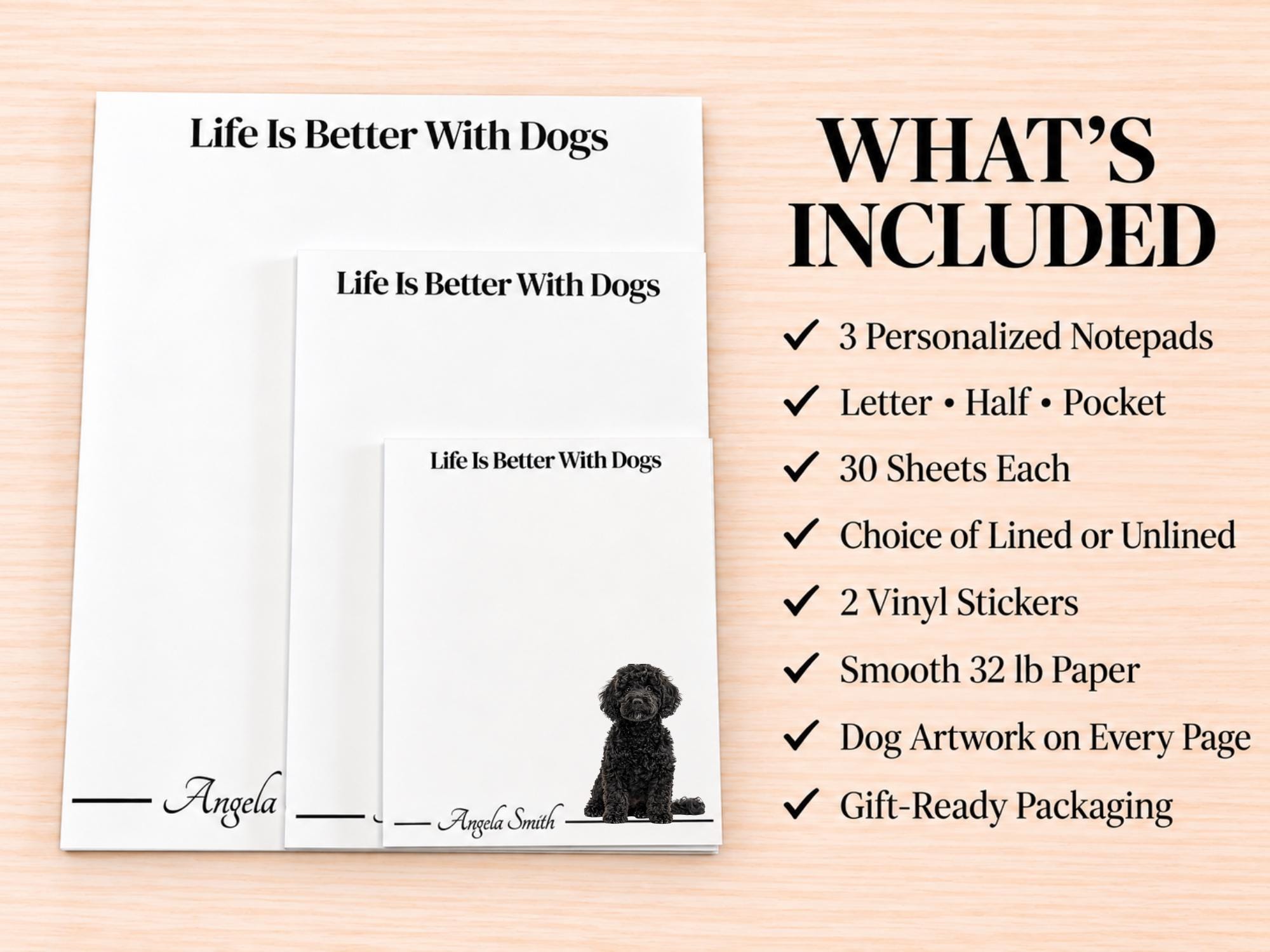 Black Labradoodle / Goldendoodle Stationery Gift Box | Personalized Notepads and Vinyl Dog Stickers
