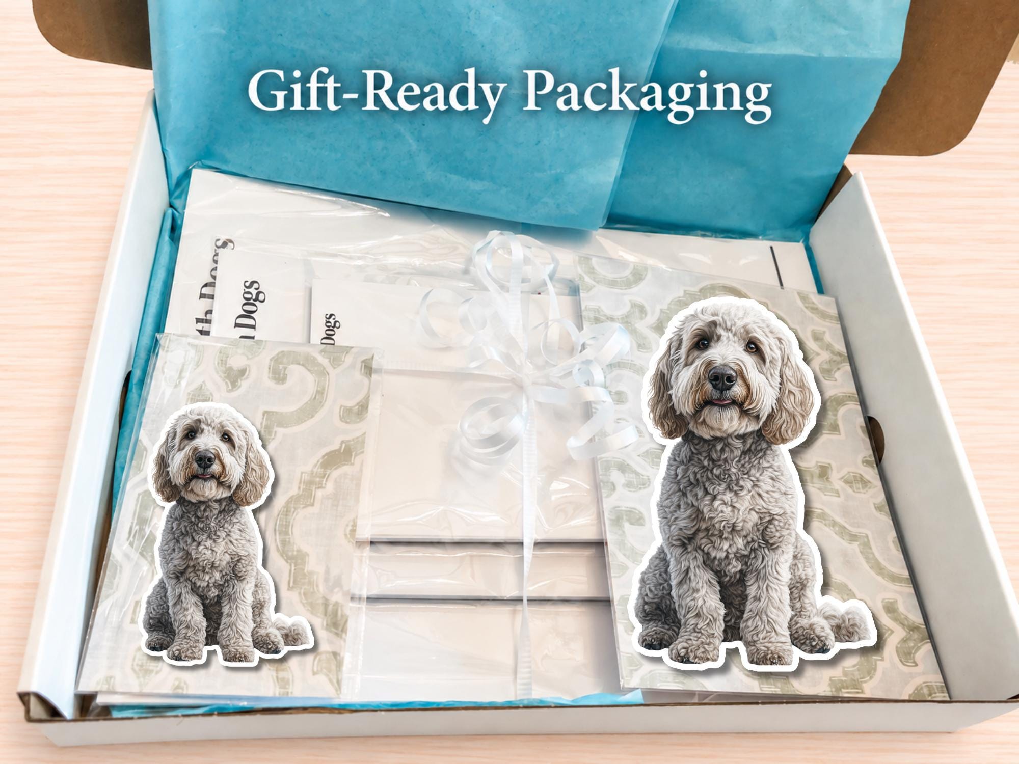Gray Labradoodle / Goldendoodle Stationery Gift Box | Personalized Notepads and Vinyl Dog Stickers