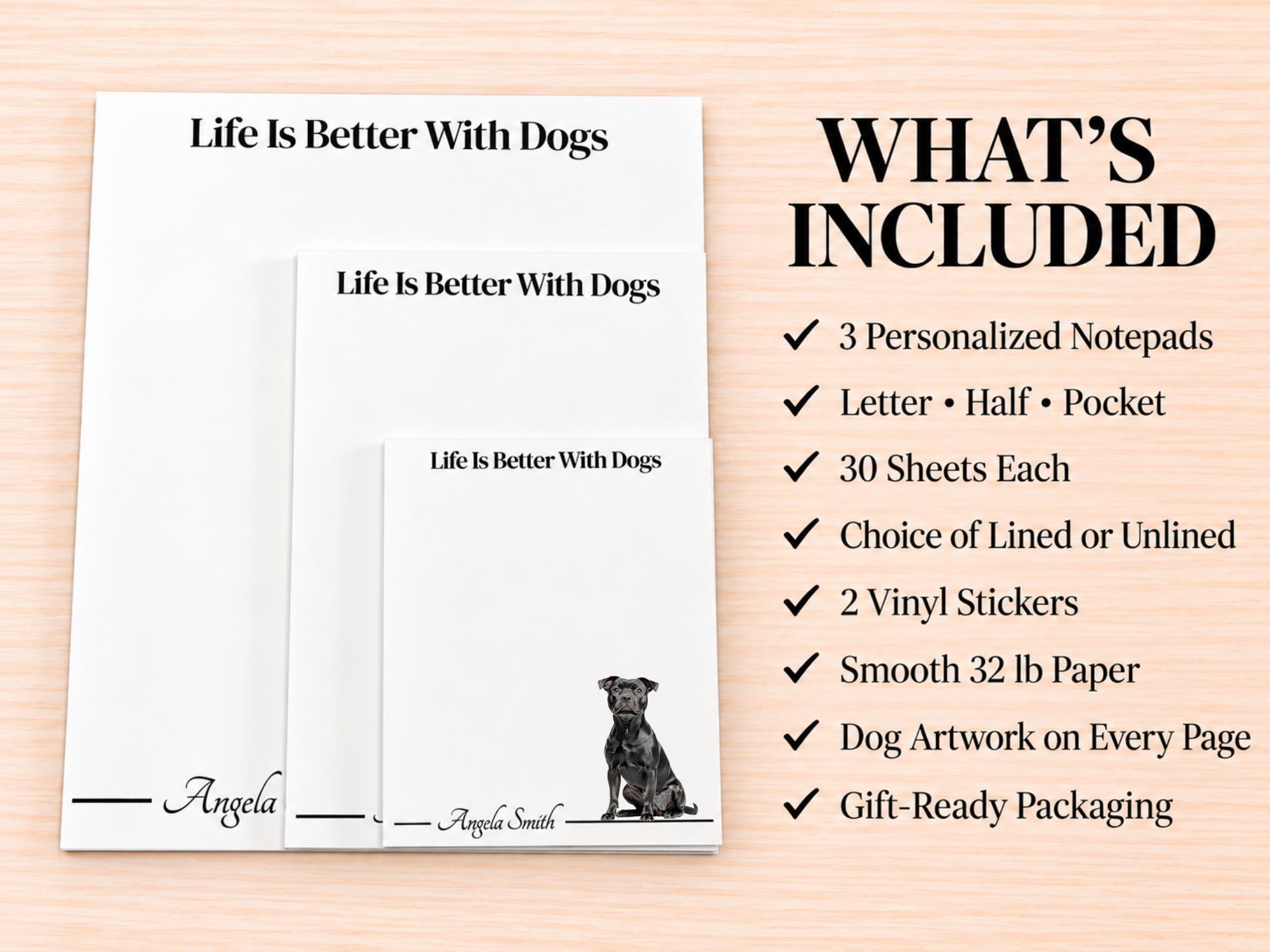 Black Pitbull Stationery Gift Box | Personalized Notepads and Vinyl Dog Stickers