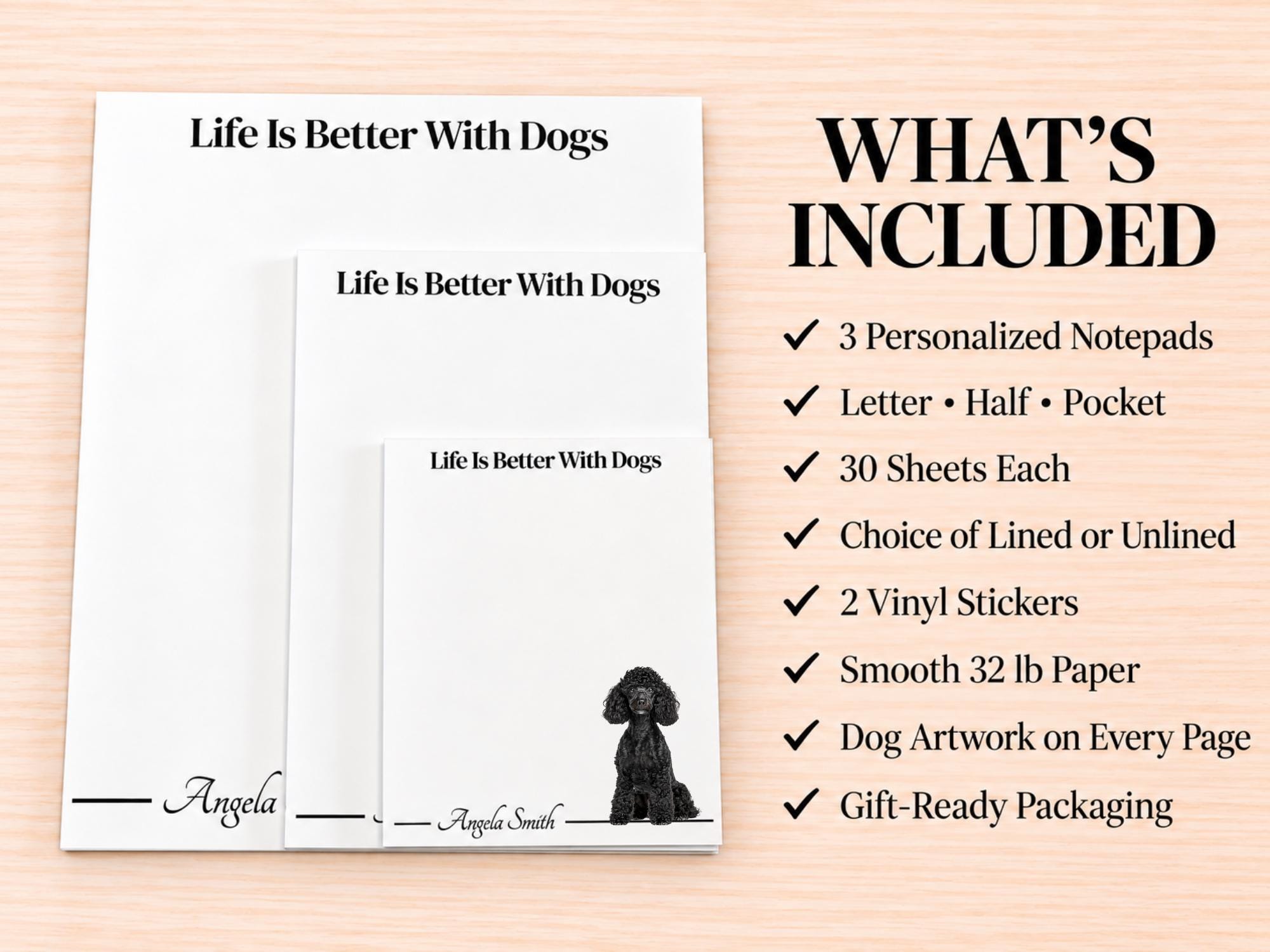 Miniature Poodle Stationery Gift Box - Black | Personalized Notepads and Vinyl Dog Stickers