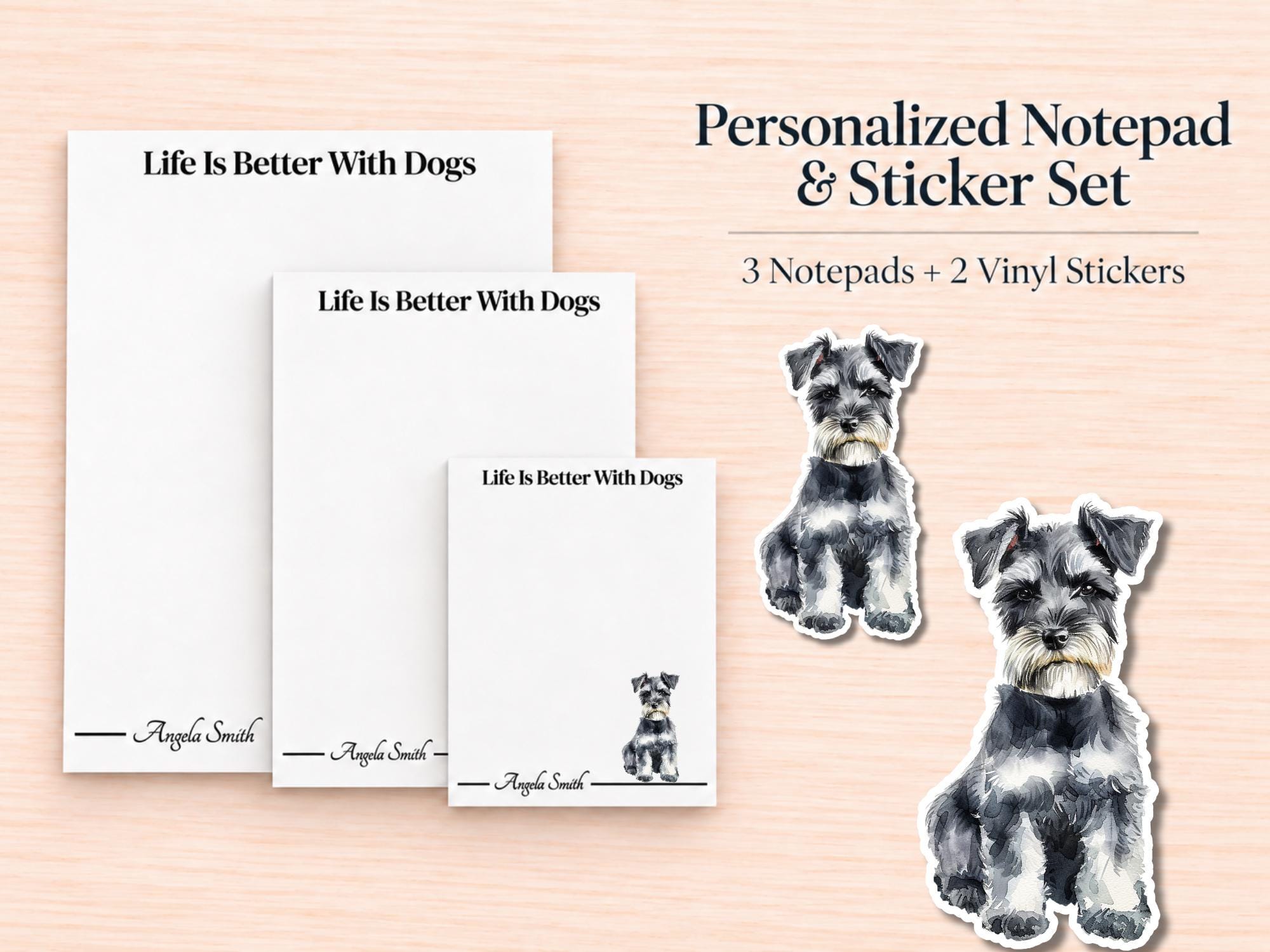 Miniature Schnauzer Stationery Gift Box | Personalized Notepads and Vinyl Dog Stickers