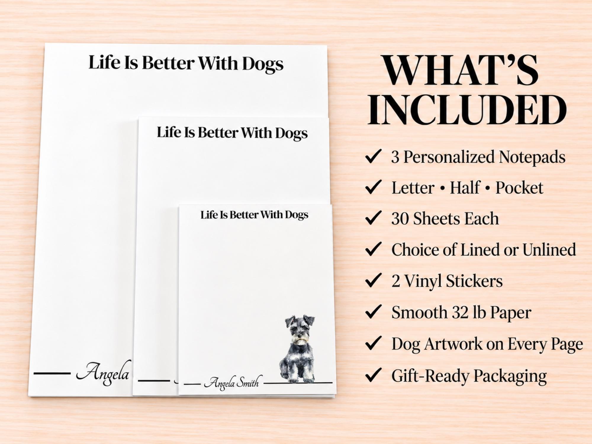 Miniature Schnauzer Stationery Gift Box | Personalized Notepads and Vinyl Dog Stickers