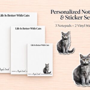 Tabby Cat Stationery Gift Box - Silver | Personalized Notepads and Vinyl Cat Stickers
