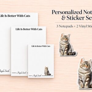 Tabby Cat Stationery Gift Box - Brown | Personalized Notepads and Vinyl Cat Stickers