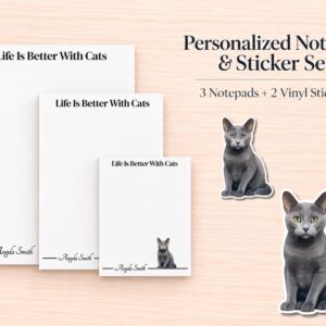 Russian Blue Cat Stationery Gift Box | Personalized Notepads and Vinyl Cat Stickers