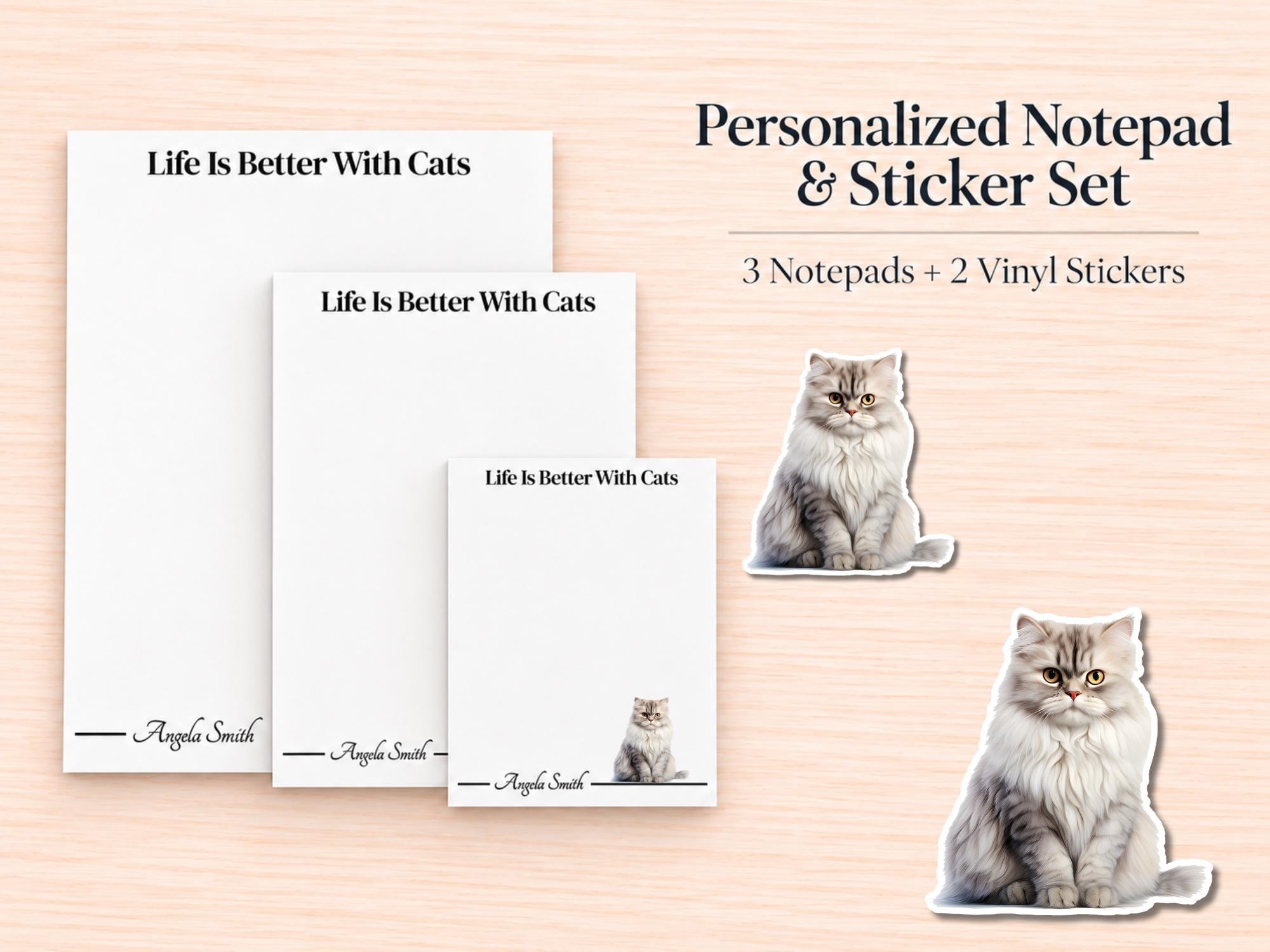 Persian Cat Stationery Gift Box | Personalized Notepads and Vinyl Cat Stickers