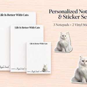 White Persian Cat Stationery Gift Box | Personalized Notepads and Vinyl Cat Stickers