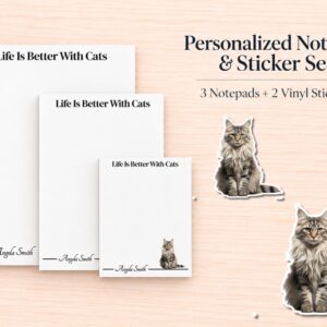 Maine Coon Cat Stationery Gift Box - Tabby | Personalized Notepads and Vinyl Cat Stickers