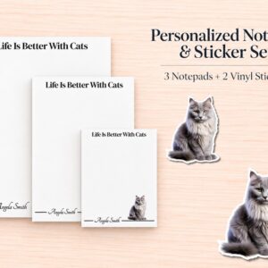 Maine Coon Cat Stationery Gift Box - Gray | Personalized Notepads and Vinyl Cat Stickers