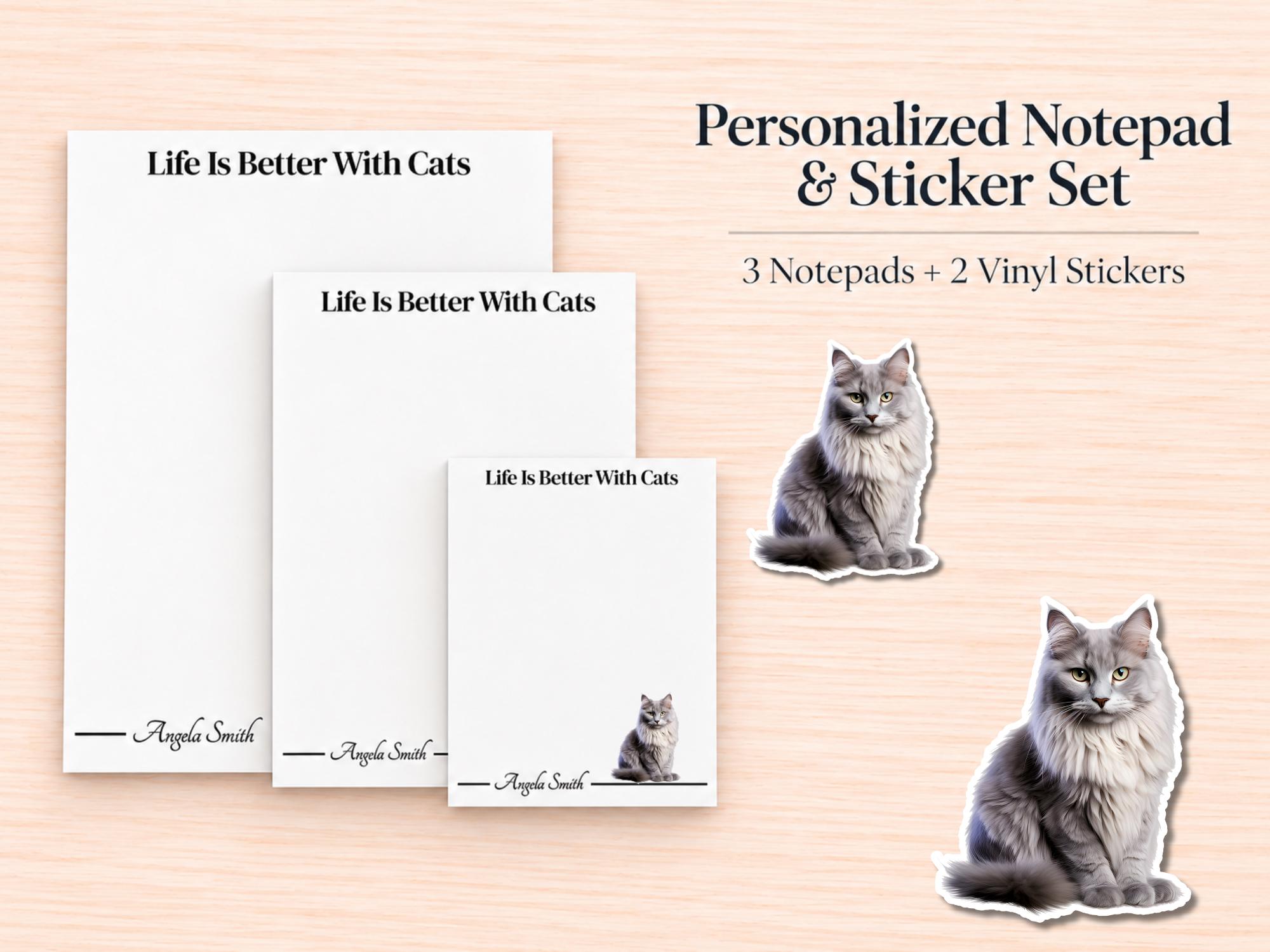 Maine Coon Cat Stationery Gift Box - Gray | Personalized Notepads and Vinyl Cat Stickers