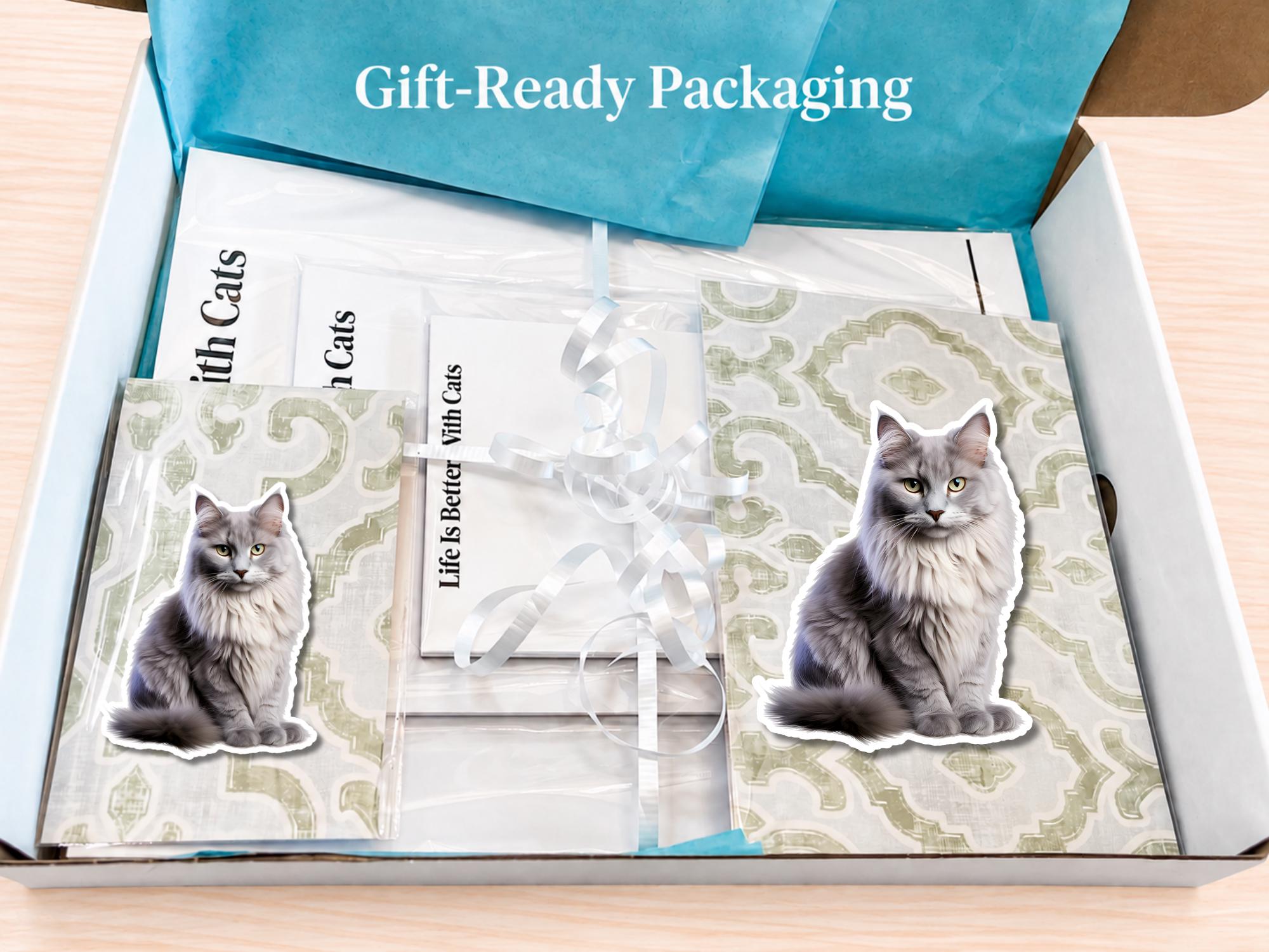 Maine Coon Cat Stationery Gift Box - Gray | Personalized Notepads and Vinyl Cat Stickers