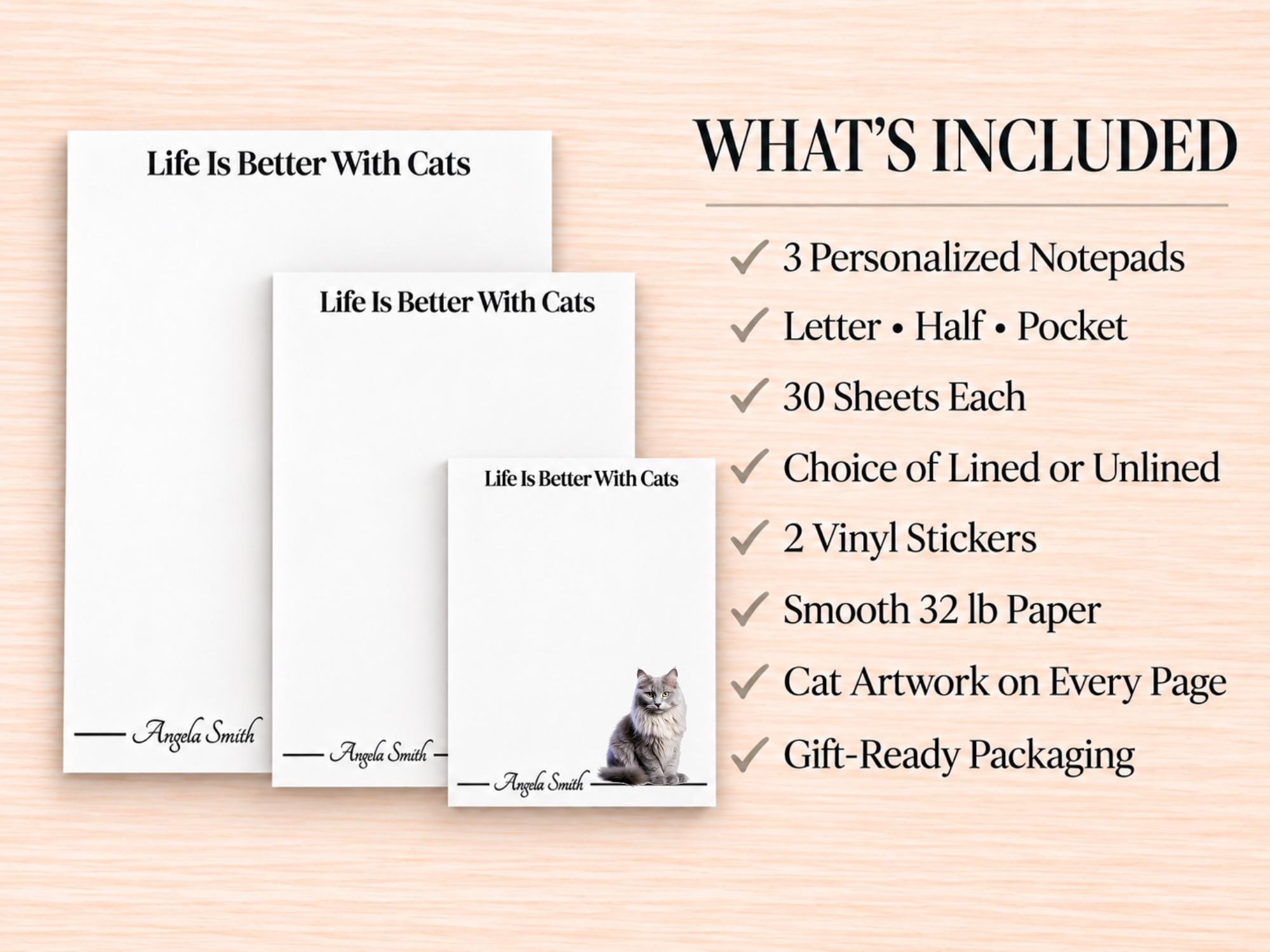 Maine Coon Cat Stationery Gift Box - Gray | Personalized Notepads and Vinyl Cat Stickers