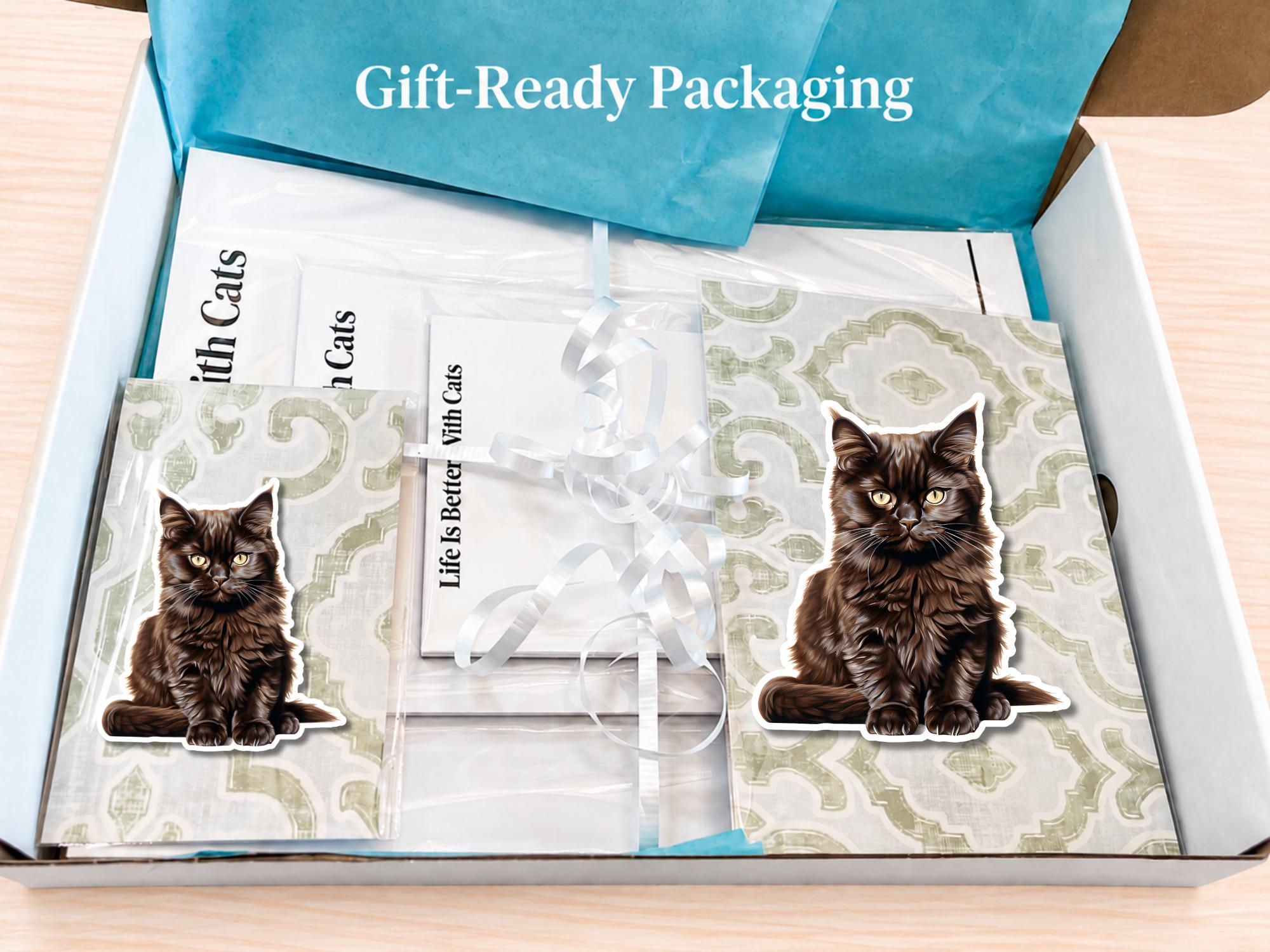 Maine Coon Cat Stationery Gift Box - Black | Personalized Notepads and Vinyl Cat Stickers