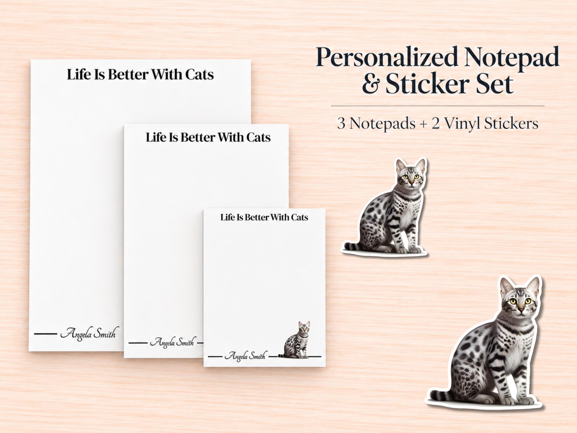 Egyptian Mau Cat Stationery Gift Box | Personalized Notepads and Vinyl Cat Stickers