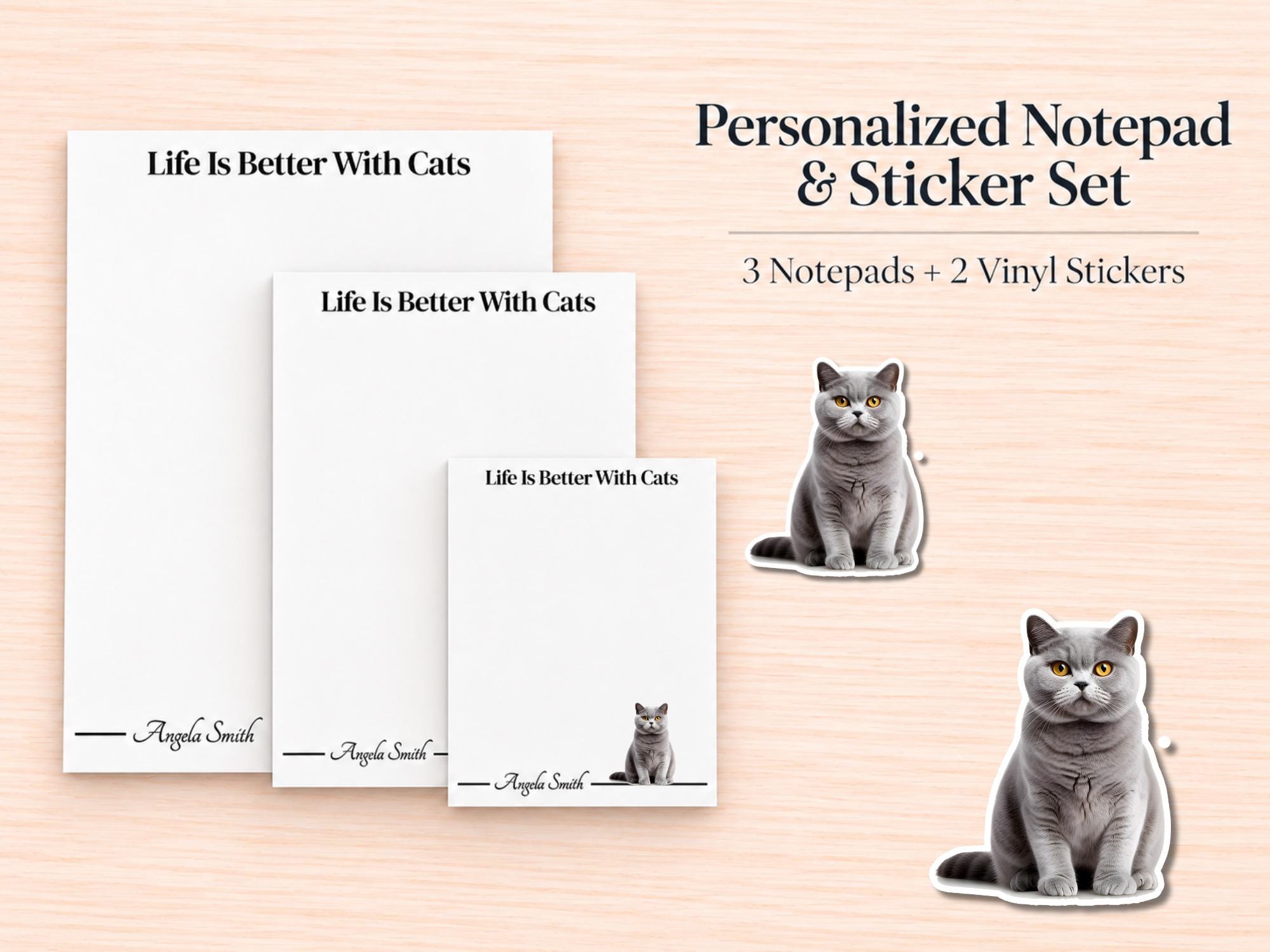 British Shorthair Cat Stationery Gift Box | Personalized Notepads and Vinyl Cat Stickers