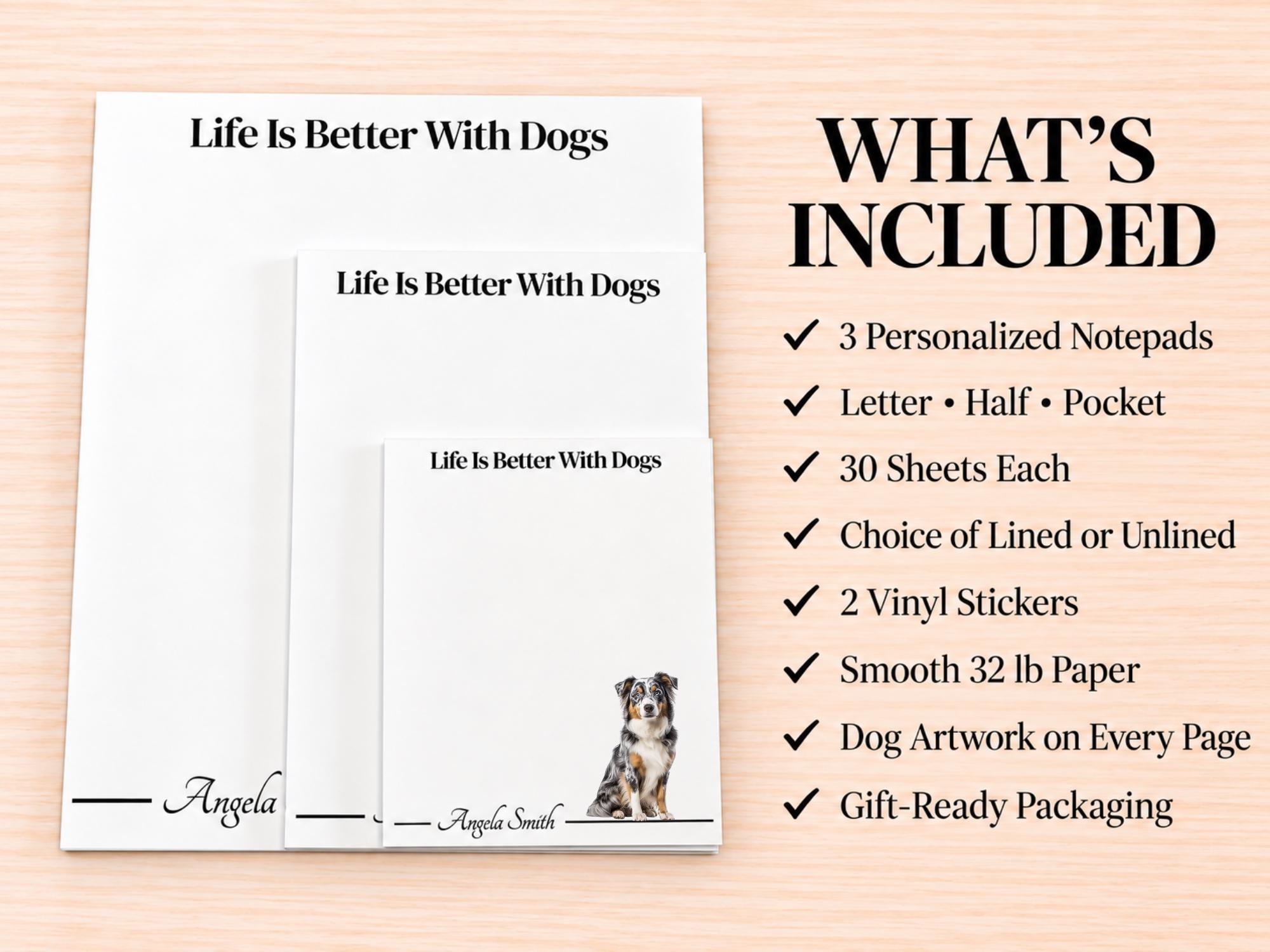 Australian Shepherd Stationery Gift Box | Personalized Aussie Notepads and Vinyl Dog Stickers