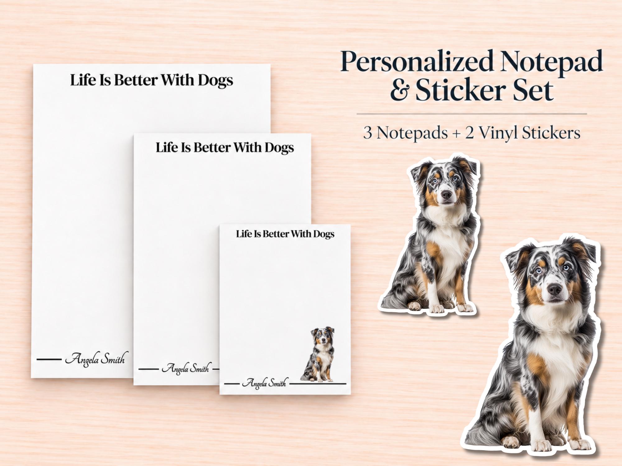 Australian Shepherd Stationery Gift Box | Personalized Aussie Notepads and Vinyl Dog Stickers