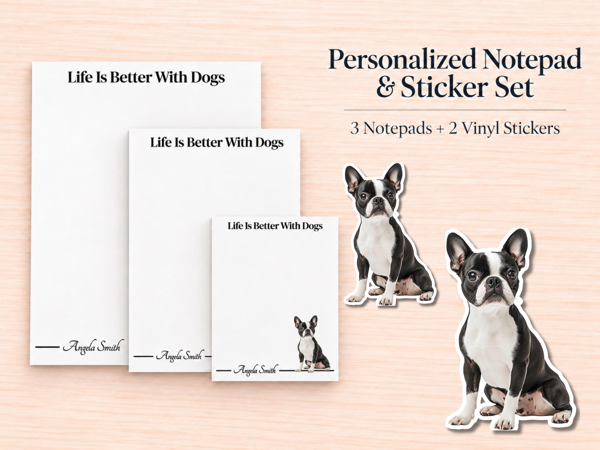 Boston Terrier Stationery Gift Box | Personalized Notepads and Vinyl Dog Stickers