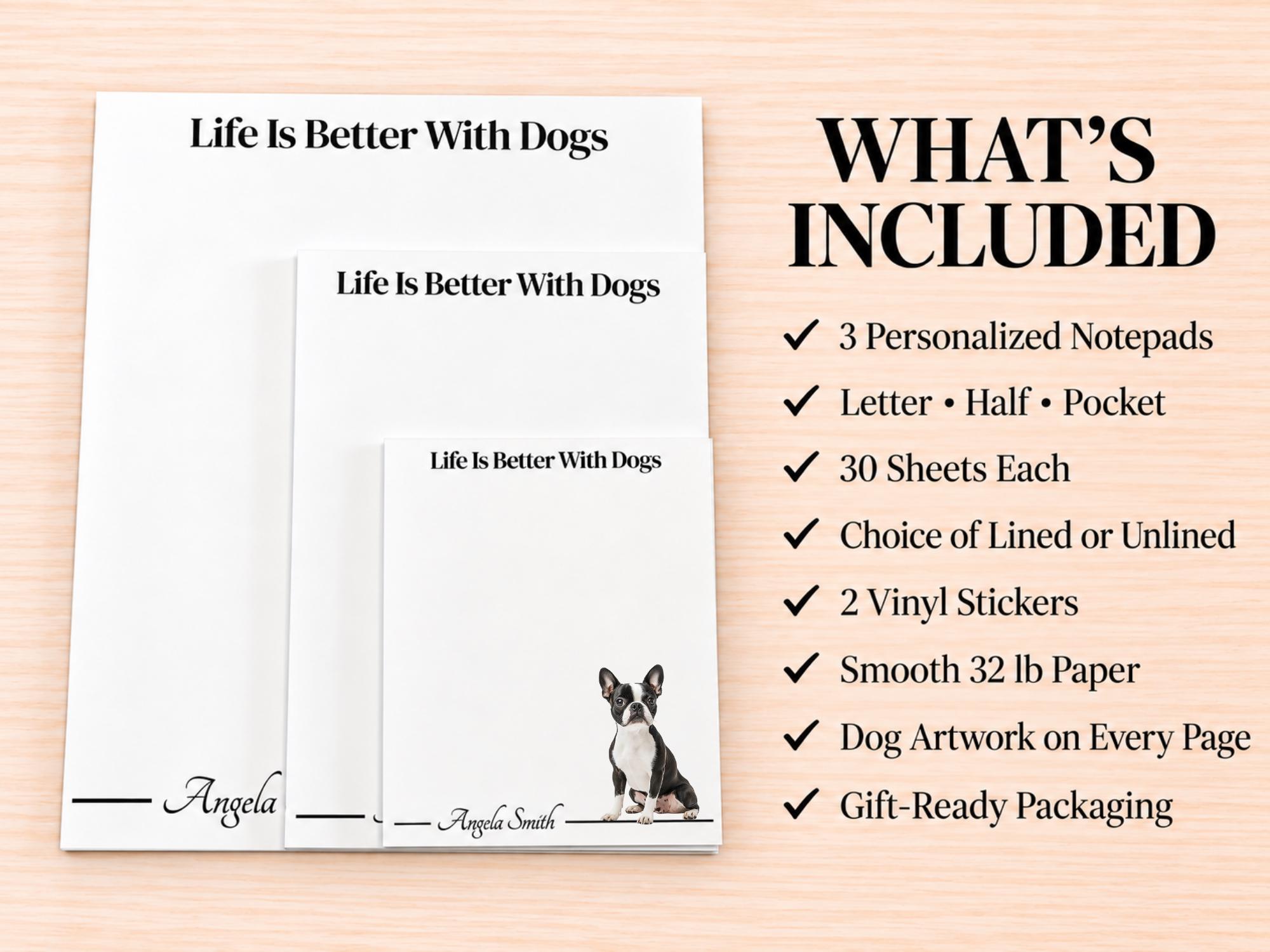 Boston Terrier Stationery Gift Box | Personalized Notepads and Vinyl Dog Stickers