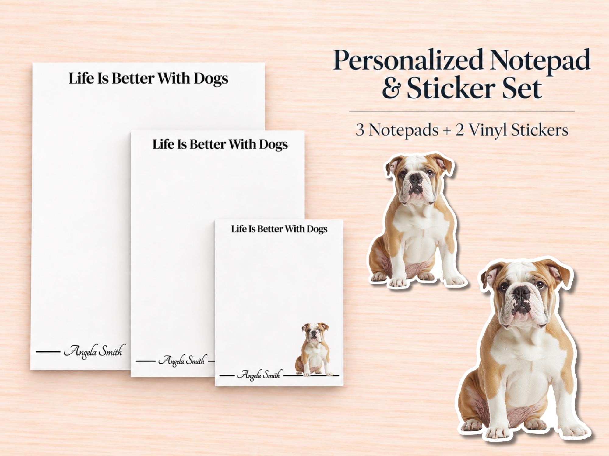 Bulldog Stationery Gift Box | Personalized Notepads and Vinyl Dog Stickers