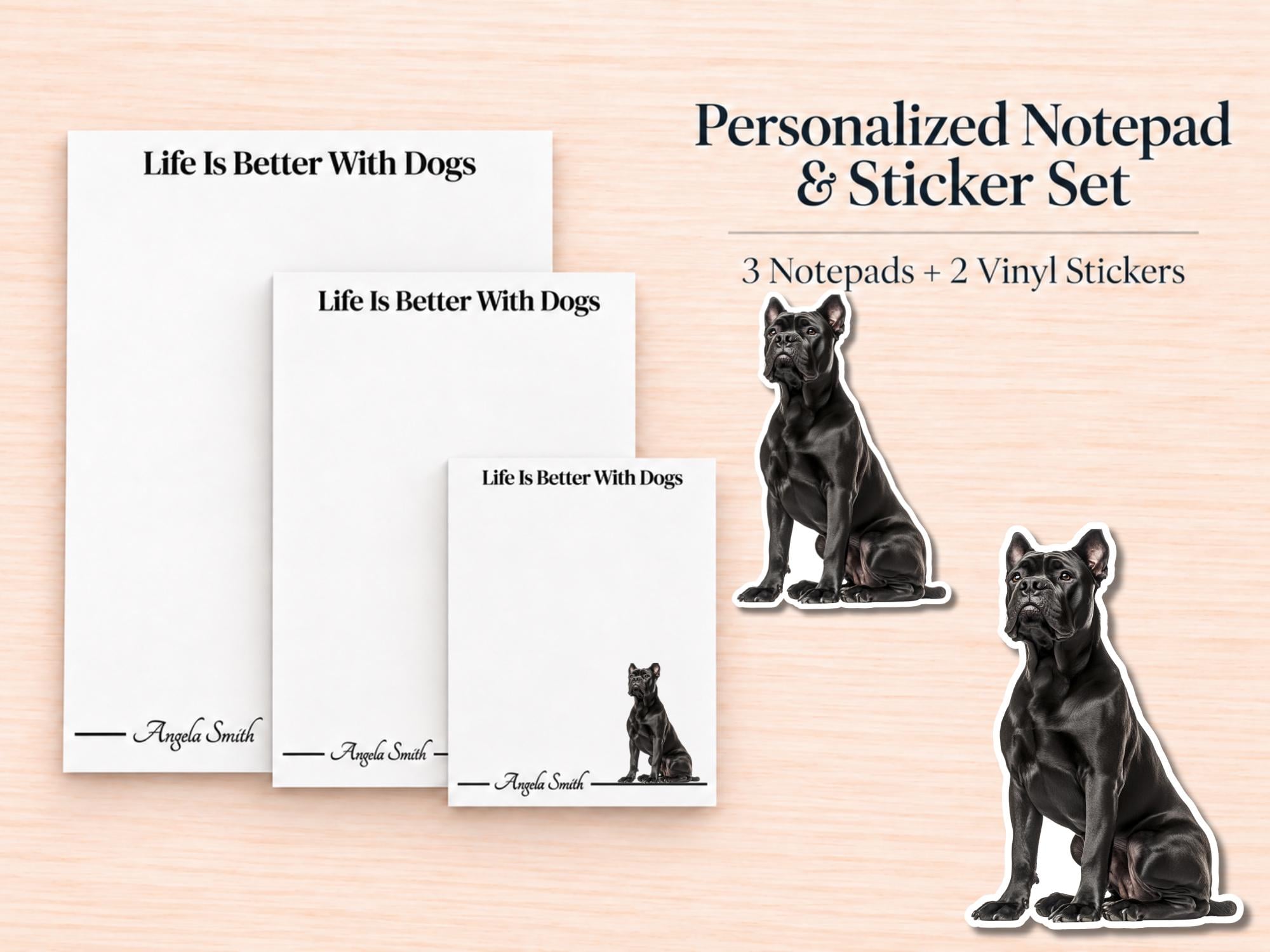Cane Corso Stationery Gift Box - Black | Personalized Notepads and Vinyl Dog Stickers